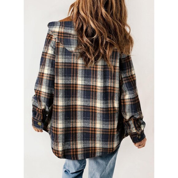 Womens Plaid Shacket Jacket Long Sleeve Button Down Fleece Hooded Jackets Warm C - Picture 3 of 8